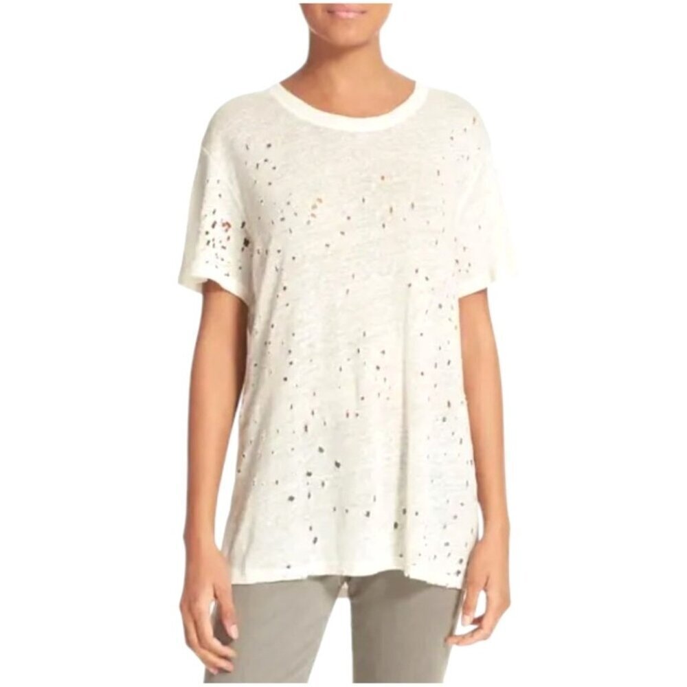 IRO Shirt Women Medium White Clay Cutout Distressed Linen‎ Short Sleeve Tee